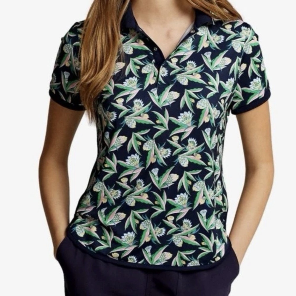 RLX Ralph Lauren Women's Small Navy Tropical Floral Print Golf Polo Shirt $115